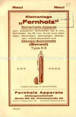 Kleinanlage "Fernholz" Sicherheits-Apparat zum autogenen Schweißen bis 8 mm, Schneiden bis 30 mm, ferner zum Hartlöten, Weichlöten, Schmelzen, Glühen, usw. mittels Sauerstoff und flüssiger Brennstoffe (Benzol) Type K 5