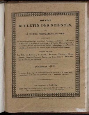 Nouveau Bulletin Des Sciences, Par La Société Philomatique De Paris. Decembre 1826.
