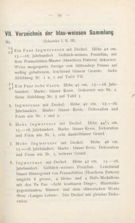 VII. Verzeichnis der blau-weissen Sammlung