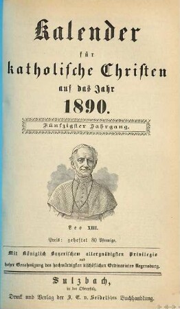 Kalender für katholische Christen : auf d. Jahr ... 1890 = Jg. 50