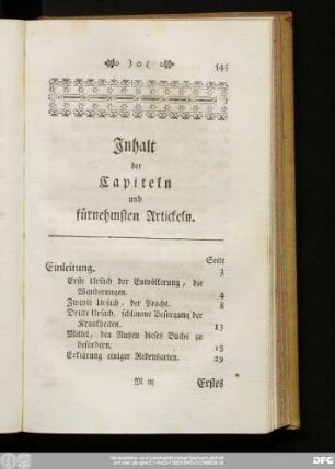 Inhalt der Capiteln und fürnehmsten Artickeln.