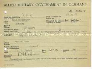 Bescheinigung der Alliierten Militärbehörde, dass der Inhaber mit dem Fahrrad nach Braunschweig fahren darf