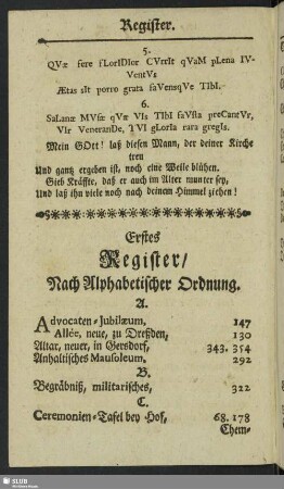 Erstes Register, Nach Alphabetischer Ordnung
