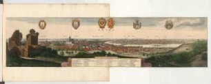 Ansicht von Prag, Tschechische Republik, kolorierter Kupferstich, um 1636 : Praga / Wenceslaus Hollar, a Lewengrun, et Bareyt, hanc Regni Bohemiae Metropolim. Patriam suam, ex Monte Sti. Laurenty, Ao. 1636, exactissime delineavit & Aqua forti in hac forma aeri insculpsit Antwerpiae, Ao. 1649.. - [Francofurtum//Frankfurt am Main : Merian, um 1660]. - 1 Vogelschaukarte : mehrfarb. ; 113 x 28 cm +++ Mit Gebäudekennzeichn. - Mit 6 Wappen