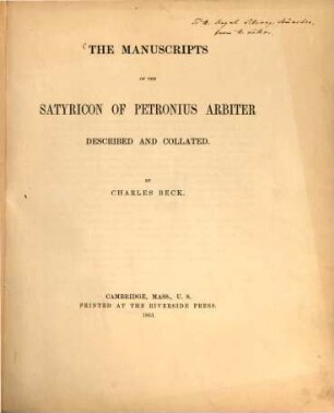 The manuscripts of the Satyricon of Petronius Arbiter