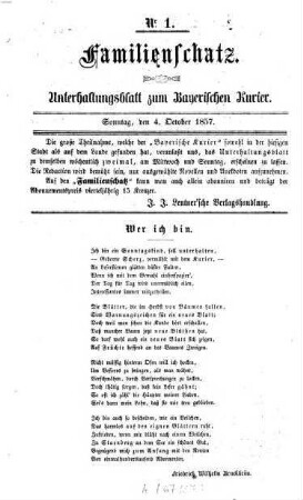 Familienschatz : tägliche Unterhaltungsbeilage zum Bayerischen Kurier. 1857 = Jg. 1