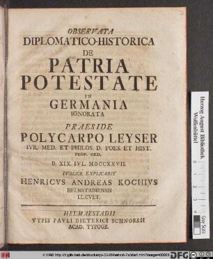 Observata Diplomatico-Historica De Patria Potestate In Germania Ignorata