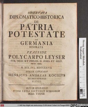 Observata Diplomatico-Historica De Patria Potestate In Germania Ignorata