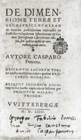 Peucer, Caspar: De dimensione terrae. Wittenberg, 1554. Buchdruck. Titelblatt. Dresden: SLUB A.896,1