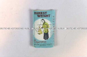 Zigarettenschachtel "Honest Weight / Cigarettes“, geöffnet, flachgedrückt, ohne Inhalt