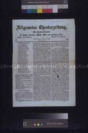 Zeitung: Allgemeine Theaterzeitung. Originalblatt für Kunst, Literatur, Musik, Mode und geselliges Leben. 71. Jahrgang, Nr. 70; Wien, 22.März 1848