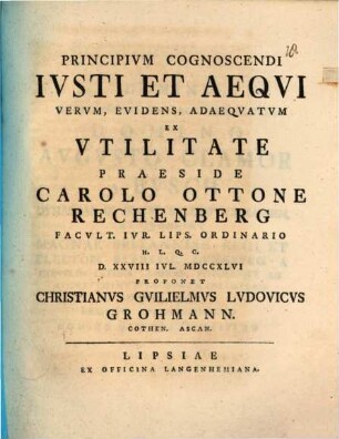 Principivm Cognoscendi Ivsti Et Aequi Verum, Evidens, Adaeqvatvm Ex Vtilitate