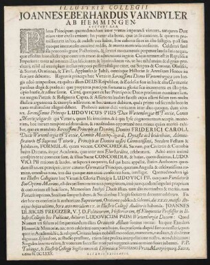 Ephorus Illustris Collegii Joannes Eberhardus Varnbyler Ab Hemmingen. Lectori S. P. D.