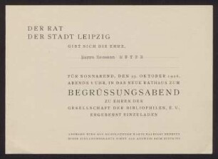 Einladungskarte vom Rat der Stadt Leipzig für Herrmann Meyer (1901-1972) zum Empfang zu Ehren der Gesellschaft der Bibliophilen e. V.
