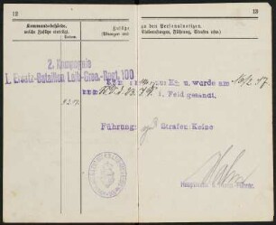 Militärpaß von Max Hermann Angermann : Militärpass, aufgeschlagen, Seite 12 und 13, von Grenadier Max Hermann Angermann (1. Ersatz-Bataillon, 1. (Leib-) Grenadier-Regiment No 100, 1. Kompanie), ausgestellt am 5. Februar 1916, Dippoldiswalde. Dresden: SLUB Mscr.Dresd.Aut.3079