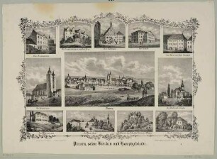Bilderbogen mit einer größeren Stadtansicht von Plauen im Vogtland von Süden und elf kleineren Ansichten von Bauwerken Plauens