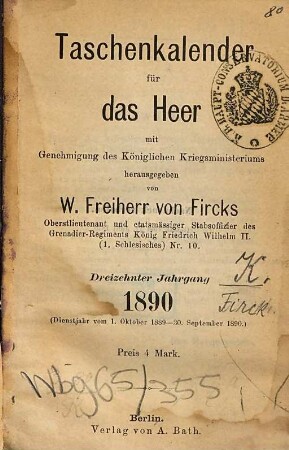 Taschen-Kalender für das Heer. 1890 = Jg. 13