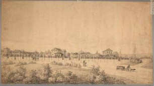 Der Packhof an der Großen Packhofstraße westlich des Hotel Bellevue und des Zwingerwalls in Dresden, links die Gebäude des Königlichen Marstalles, rechts die Masten der Elbschiffe