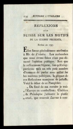 Reflexions D' Un Suisse Sur Les Motifs De La Guerre Presente.