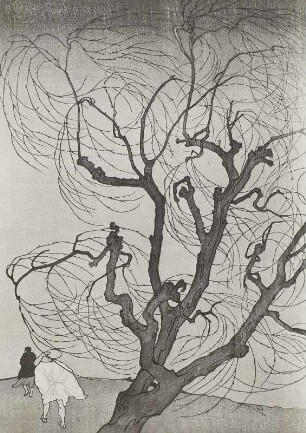 Baum im Sturm (Japan) : Baum im Sturm (Japan). Farbholzschnitt; 33 x 24 cm (1901; E. Orlik). Dresden: Kupferstich-Kabinett 1901-928, K. II 176, NJA 54/7832