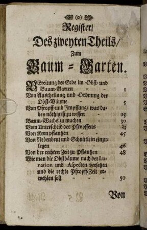 Register/ Des zweyten Theils/ Zum Baum-Garten.