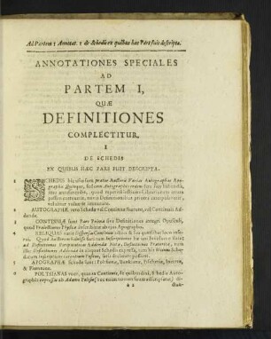 Annotationes Speciales Ad Partem I, Quae Definitiones Complectitur.