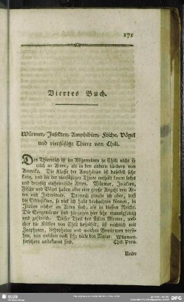 Viertes Buch. Würmer, Insekten, Amphibien, Fische, Vögel und vierfüßige Thiere von Chili