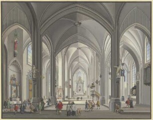 Blick in das Innere einer gotischen Hallenkirche mit vielen Staffagefiguren in der Tracht des 17. Jahrhunderts, links liest ein Priester die Messe