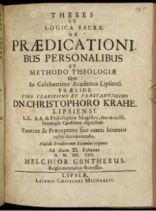 Theses Ex Logica Sacra De Praedicationibus Personalibus Et Methodo Theologiae