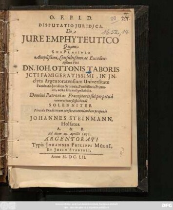 Disputatio Iuridica. De Iure Emphyteutico