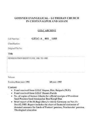 PENSION/PROVIDENT FUND 1981 to 1985