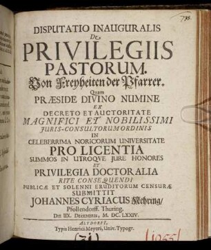 Disputatio Inauguralis De Privilegiis Pastorum