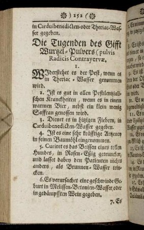 Die Tugenden des Gifft Wurtzel-Pulvers (pulvis Radicis Contrayervae)