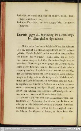 Einwürfe gegen die Anwendung der Aetherdämpfe bei chirurgischen Operationen
