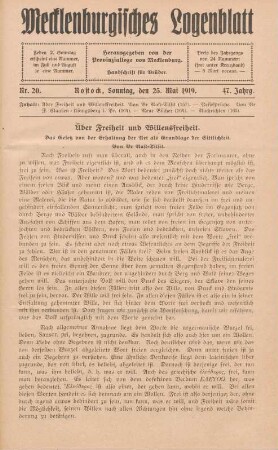 Nr. 20. Rostock, Sonntag, den 25. Mai 1919.