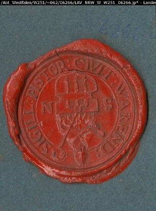 Siegler: Warendorf, Bäcker-Zunft Überlieferungsart: Abdruck. Stoff: Lack Farbe: rot Form: rund. Durchmesser: 39 mm