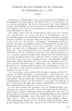 Ansprache des rector Johannei bei der Entlassung der Abiturienten am 7.3.1964