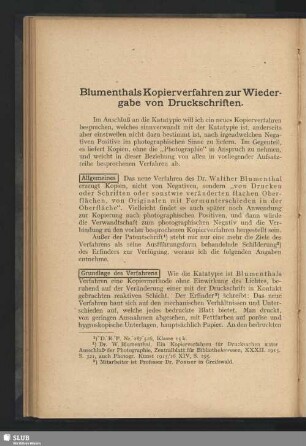 Blumenthals Kopierverfahren zur Wiedergabe von Druckschriften