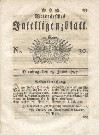 No. 30, Dienstag, den 25. Julius 1797