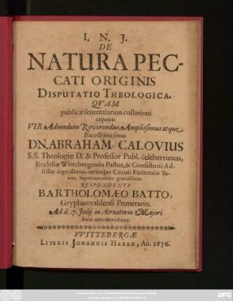 De Natura Peccati Originis Disputatio Theologica