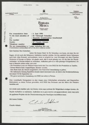 Brief an Christoph Schmökel an Deutsche Grammophon-Gesellschaft, 05.06.1996