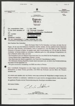 Brief an Christoph Schmökel an Deutsche Grammophon-Gesellschaft, 05.06.1996