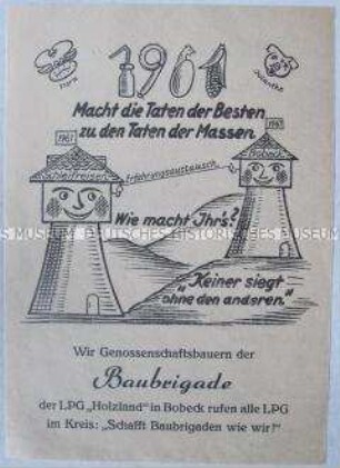 Propagandaflugblatt mit einem Aufruf einer LPG zur Schaffung von Baubrigaden