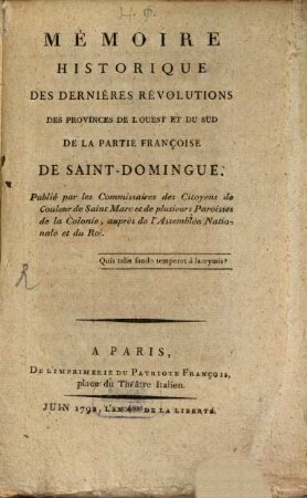 Mémoire historique des derniers revolutions des provinces de l'ouest et du Sud