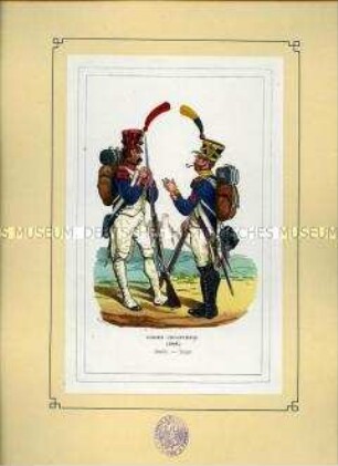 Uniformdarstellung, Grenadier und Voltigeur der Linien-Infanterie, Frankreich, 1809. Tafel 21 aus: Bellangé: Die Soldaten der französischen Republik und des Kaiserreichs.