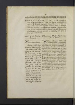 Lettre de M. l`Evêque d`Amiens. Observations de M. l`Archevêque Duc de Reims.