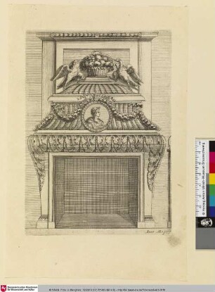 Diverses Inventions nouvelles pour des Cheminées, Bl. 6 [Kamin mit Tondo Portraitrelief, Rauchfang bekrönt von Blumenkorb zwischen zwei Adlern, re. seitl. Seitenprofil (Wilke 2016)]