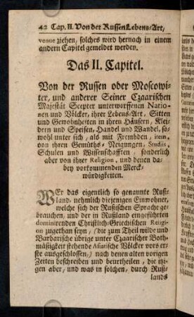 42-75, Das II. Capitel. Von der Russen Lebens-Art, Sitten und Gewohnheiten.