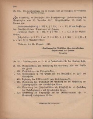 Nr. 282: Ministerialverordnungvom 12. Dezember 1917 zur Ausführung der Vorschriften über Krankheitserreger