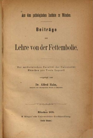 Beiträge zur Fettembolie